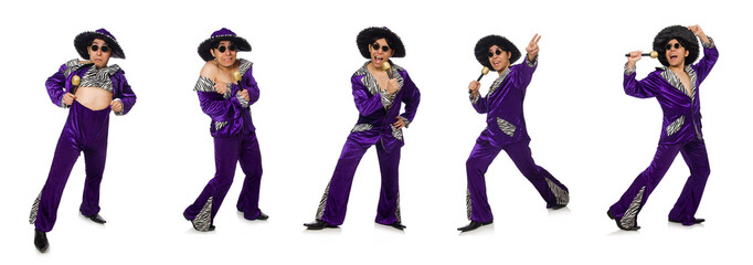 Funny man with microphone isolated on white 