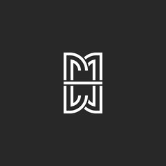 Letters MM logo initials monogram, minimalist style mirror reflection mark M and M combination symbol mockup, black and white typography hipster design element