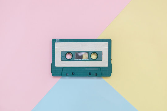 top view tape cassette with colorful pastel color background