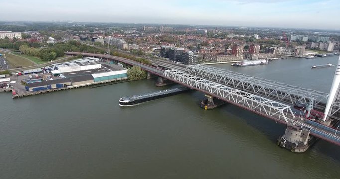 Shipping boat at Dordrecht bridge, Netherland, aerial view