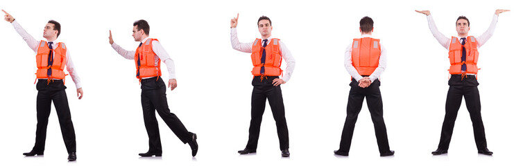Man in life-jacket isolated on white 