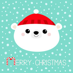 Merry Christmas. Polar white bear cub face round icon. Red hat. Happy New Year. Cute cartoon baby character. Arctic animal. Hello winter. Flat design. Hello winter. Blue snow background.