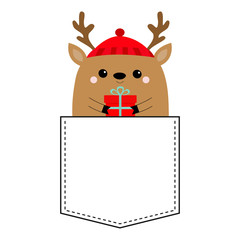 Raindeer deer head face holding gift box. T-shirt pocket. Red hat, nose, horns. Merry Christmas. New Year. Cute cartoon kawaii baby character. Funny animal. Flat design. Hello winter White background.