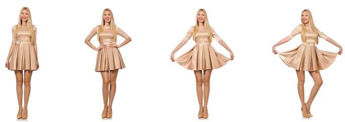 Beautiful woman in golden dress isolated on white 