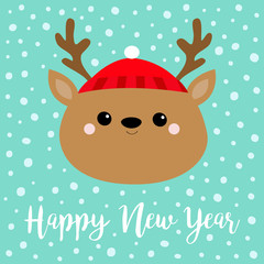 Happy New Year. Raindeer deer round head face icon. Red hat, nose, horns. Merry Christmas. Cute cartoon kawaii baby character. Funny animal. Flat design. Hello winter. Blue snow background.