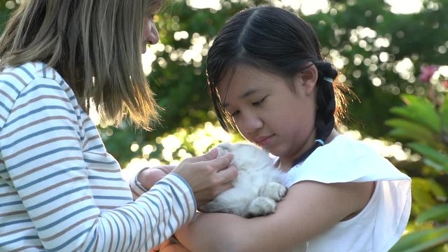 Asian mother playing a kitten to her daughter 