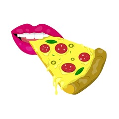 woman mouth eating pizza. isolated on white. print for T-shirt.