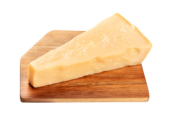 A piece of aged Parmesan cheese on a wooden cutting board, isolated on a white background with a clipping path