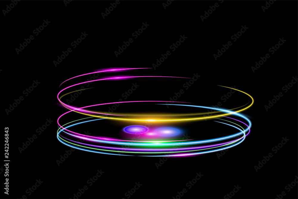 Poster multicolored glowing fire rings with glitter on black .use as backdrop. background product with spac