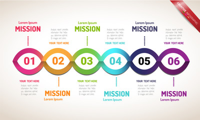 Time line infographics number options template with steps, with 6 label.