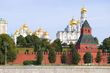 View of the temples of the Moscow Kremlin on a sunny September morning. Moscow, Russia
