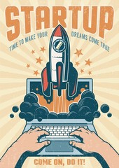 Vintage startup poster with rocket taking off from an open laptop. Grunge worn texture on separate layer.