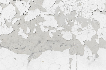Concrete wall texture background with grey grungy stucco, white peeled paint, cracks and stains