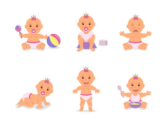 Obraz premium Cartoon set with cute infant in diaper. Happy baby playing with toys, baby learning to walk, child crying, infant sitting on potty, child crawling on the floor. Vector illustration in flat style.