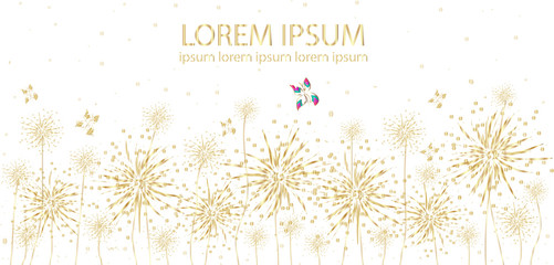 Abstract art vector illustration. Text lorem ipsum. Hand drawn gradient golden flowers and butterflies on white background. Template for design, greeting card, sale flyer, festive banner, packaging.