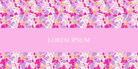 Abstract art vector soft color illustration. Hand drawn white, purple and pink flowers of blooming apple tree twigs. Design template for greeting card, typographic print, sale flyer, festive banner.
