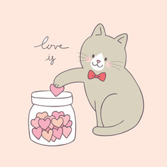 Cartoon cute Valentines day cat and love vector.