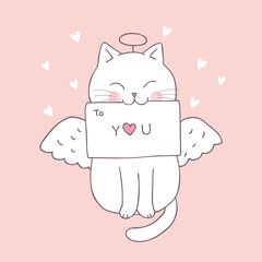 Cartoon cute Valentines day cupid cat and love vector.