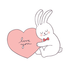 Cartoon cute Valentines day rabbit and heart vector.