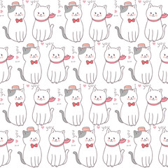 Cartoon cute Valentines day cat and love seamless pattern vector.