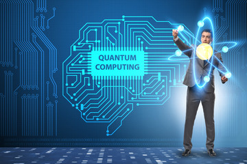 Businessman pressing virtual button in quantum computing concept
