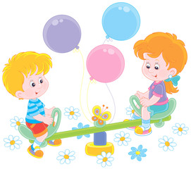 Small children playing on a toy seesaw on a playground in a park, vector illustration in a cartoon style