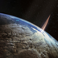 Missile launch, satellite view with planet Earth and galaxy stars. The elements of this image furnished by NASA.