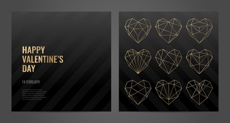 Luxury Valentines Day poster template with gold frame and black background. Invitation template. Geometric shape.