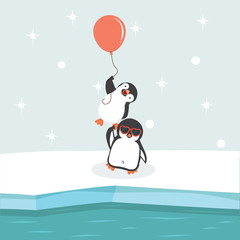 North pole Arctic  with  penguins  holding balloon