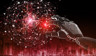 Red robot hacking a digital globe system 3D rendering