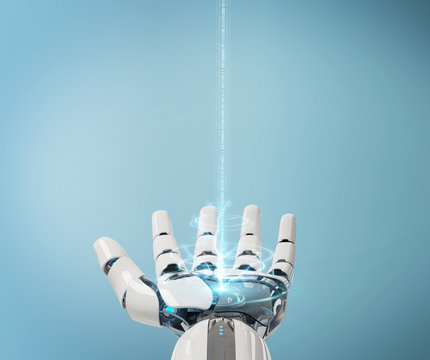 White cyborg opening his hand 3D rendering