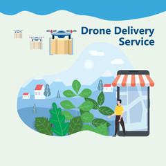 Fototapeta premium The concept of delivery of the drone flies with the mail, the delivery of parcels. Happy buyer meets flying drone with the parcel. Modern design, background landscape. Internet delivery, concept, idea