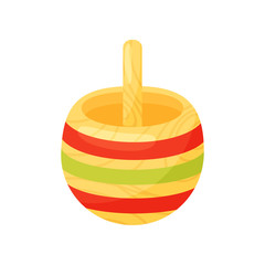 Flat vector icon of bright yellow tippe top with red and green stripes. Vintage children whirligig toy