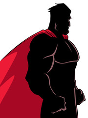Side view silhouette illustration of a powerful and determined superhero with red cape looking forward ready for action on white background for copy space.