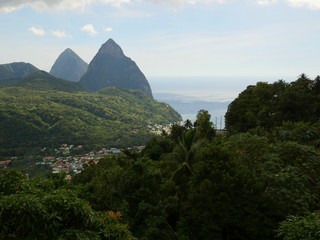 Piton mountains in the distance with Soufriere Town at the base, St. Lucia, Caribbean Islands
