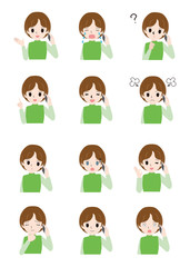Illustrations of various facial expressions of women talking on the phone.