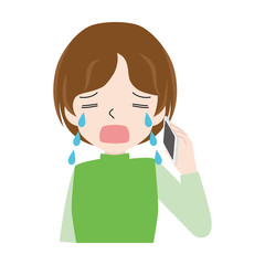 Illustration of a woman crying while talking on the phone.
