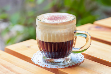 Closeup view of cup of Vietnamese egg coffee
