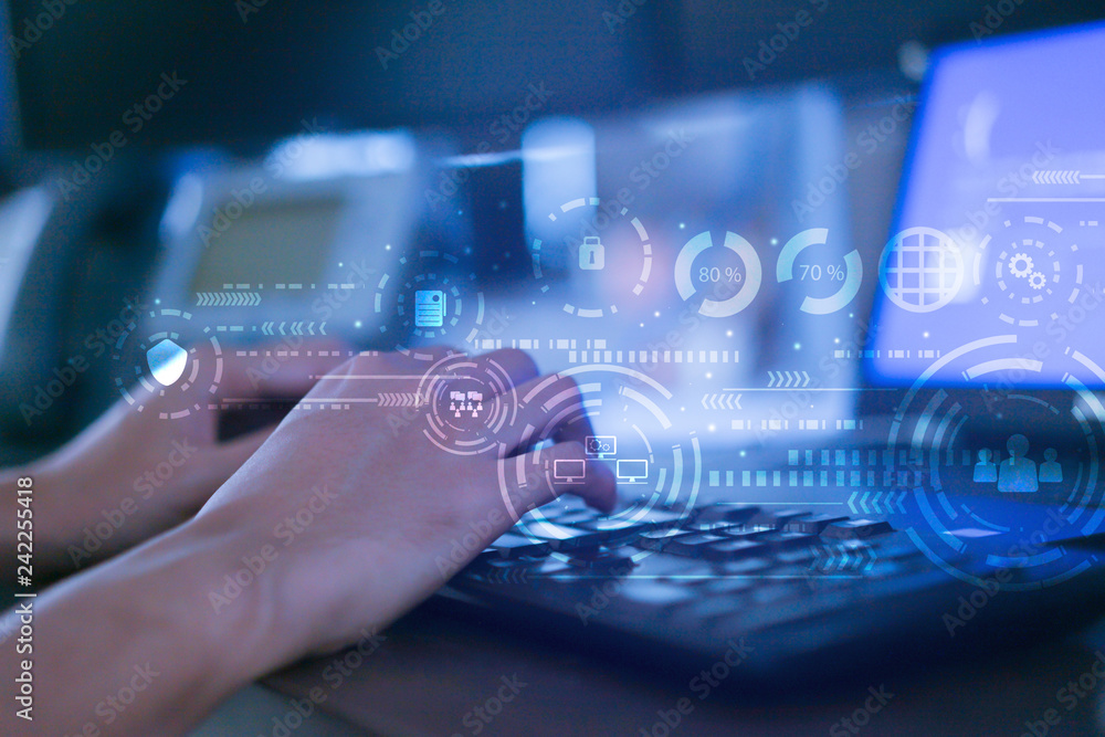 Wall mural close up businessman hand typing or working on laptop for programming about cyber security , advance