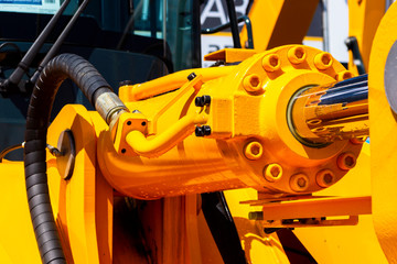Hydraulic piston system for bulldozers, tractors, excavators, chrome plated cylinder shaft of yellow machine, construction heavy industry detail