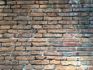 An aged, cracked and chipped stucco wall with an area of exposed brown brick. Brick wall background texture.