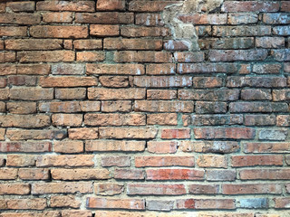 An aged, cracked and chipped stucco wall with an area of exposed brown brick. Brick wall background texture.