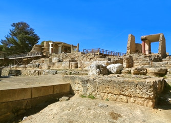 The South Entrance of Palace of Knossos against Vivid Blue Clear Sky of Crete Island, Greece 