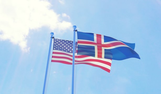 USA and Iceland, two flags waving against blue sky. 3d image
