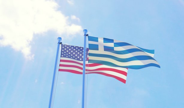USA and Greece, two flags waving against blue sky. 3d image