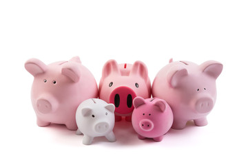 Group of piggy banks over white background with clipping path