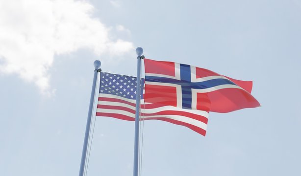 USA and Norway, two flags waving against blue sky. 3d image