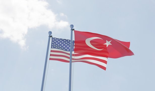 USA and Turkey, two flags waving against blue sky. 3d image