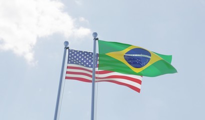 USA and Brazil, two flags waving against blue sky. 3d image