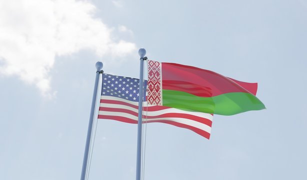 USA and Belarus, two flags waving against blue sky. 3d image